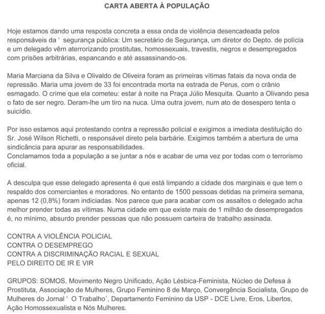 Carta exigindo a imediata destituição do delegado Richetti, bem como o fim da violência policial e da discriminação racial e sexual, organizada pelos movimentos sociais em ato feito em 1980 contra a Operação Limpeza. Memorial da Democracia